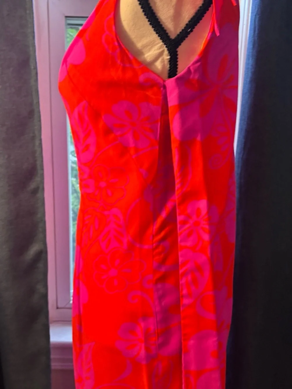Vintage Vibrant Pink and Orange Floral Midi Dress w/Tie-Shoulder Detail -Size 8